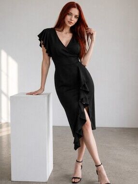NWT Knitee XL Black Deep V-Neck Ruffle Sleeve Cocktail Dress Slit Pencil CC